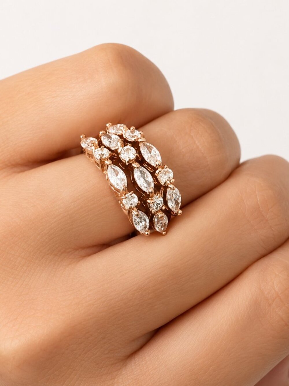 Set of 3 Cocktail rings Gold Plated Color w SZ Clear Mix Shape Sones Sz.8